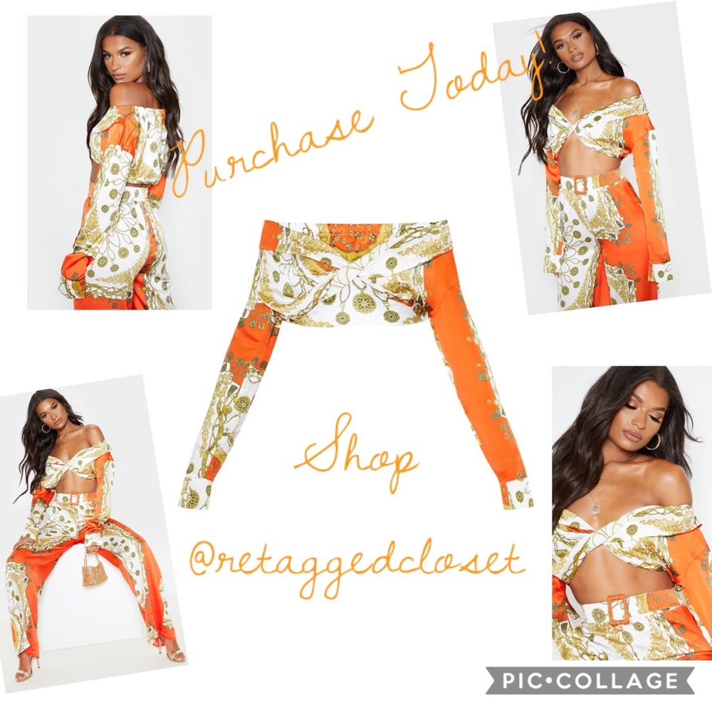 Orange Chain Print Bardot Twist Front Blouse